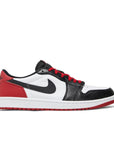 Side of Jordan 1 Retro Low OG Black Toe in black, red and white.