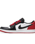 Side of Jordan 1 Retro Low OG Black Toe in black, red and white.