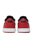 Heels of Jordan 1 Retro Low OG Black Toe in black, red and white.
