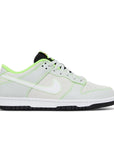 Side of Nike Dunk low University of Oregon PE in silver, white, black and green