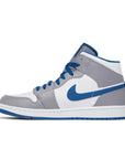 side of Jordan 1 mid true blue in blue, grey and white