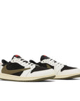 Pair of Jordan 1 Retro Low OG SP Travis Scott Olive in black, white and olive
