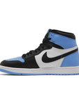 Side of Jordan 1 High OG UNC Toe in blue, black and white