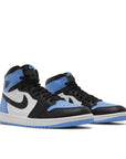 Pair of Jordan 1 High OG UNC Toe in blue, black and white