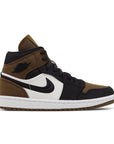 Side of the Air Jordan 1 Mid SE 'Olive Toe' is in a black and olive colourway
