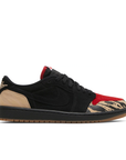 Side of Nike Jordan Air 1 low basketball shoes are in a black, beige and red colourway.