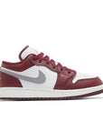 Side of Jordan 1 Low Bordeaux Grade School in cherrywood red white and grey