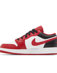 Side of Jordan 1 Low Bulls Grade School (GS) in white black and red