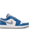 Side of Jordan 1 Low True Blue in Blue, Grey and White.