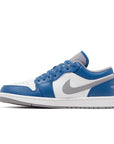 Side of Jordan 1 Low True Blue in Blue, Grey and White.