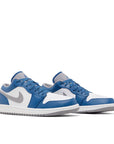 Pair of Jordan 1 Low True Blue in Blue, Grey and White.