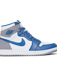 Side of Jordan 1 Retro High OG True Blue in True Blue, White and Cement Grey.