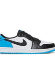 side of Jordan 1 retro low go black dark powder blue in blue, black and white