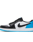 side of Jordan 1 retro low go black dark powder blue in blue, black and white