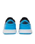 heels of Jordan 1 retro low go black dark powder blue in blue, black and white