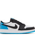 Side of Jordan 1 Retro Low OG Black Dark Powder Blue (GS) in white, black and blue.