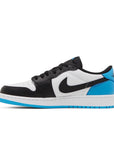 Side of Jordan 1 Retro Low OG Black Dark Powder Blue (GS) in white, black and blue.