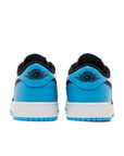 Heels of Jordan 1 Retro Low OG Black Dark Powder Blue (GS) in white, black and blue.