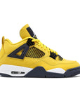 Side of Jordan 4 Retro Lightning (2021) in Yellow and Dark Blue.