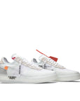 A pair of Nike Air Force 1 Low Off-White is in an all white colourway