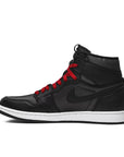 Side of Nike Air Jordan 1 basketball shoes in black satin gym red colour