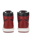 Heels of the Nike Air Jordan 1 basketball shoes in black and red Bred Banned colour
