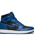 Side of the Nike Air Jordan 1 Retro High OG Dark Marina Blue basketball shoes in black and dark blue