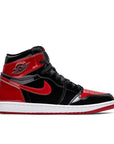 Side of Nike Air Jordan 1 High OG Patent Bred basketball shoes in black and red