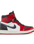 Side of the women's Nike Air Jordan 1 High Zoom CMFT Patent Chicago basketball shoes in red, black and white