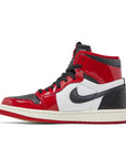 Side of the women's Nike Air Jordan 1 High Zoom CMFT Patent Chicago basketball shoes in red, black and white