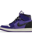 Side of the women's Nike Air Jordan 1 High Zoom CMFT Purple Patent basketball shoes in purple and black