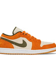 Side of Nike Air Jordan 1 Low Orange Olive basketball shoes are in an orange and green colourway.