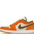 Side of Nike Air Jordan 1 Low Orange Olive basketball shoes are in an orange and green colourway.