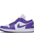 Side of the women's Nike Air Jordan 1 Low sneakers in white and purple