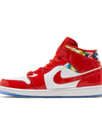 Side of the Nike Air Jordan 1 Mid Barcelona basketball shoes red and white