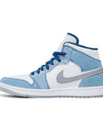 Side of Nike Jordan Air 1 mid basketball shoes are in a blue and fiery red colourway.