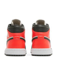 Heels of the Jordan 1 Mid 'light Orewood Brown' is in a black and red colourway
