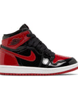 Side of the pre school Nike Air Jordan 1 Retro High OG Patent Bred Off-White University blue childrens shoes in blue and white