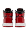 Heels of the pre school Nike Air Jordan 1 Retro High OG Patent Bred Off-White University blue childrens shoes in blue and white