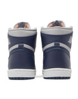 Heels of the Air Jordan 1 Retro High '85 'Georgetown' is in a college navy, summit white and tech grey colourway.