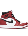 Side of the Nike Air Jordan 1 High Chicago 2015 basketball shoes in black, red and white