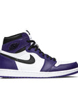 Side of the Nike Air Jordan 1 Retro High Court Purple White basketball shoes in white and purple