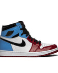 Side of the Nike Air Jordan 1 Retro High OG Fearless UNC Chicago basketball shoes in white and blue