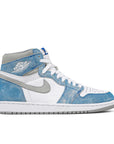Side of the Nike Air Jordan 1 Retro High Hyper Royal Michael Jordans in white and washed out royal blue