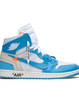 Side of the Nike Air Jordan 1 Retro High Off-White University blue basketball shoes in blue and white