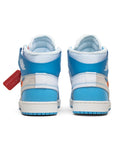 Heels of the Nike Air Jordan 1 Retro High Off-White University blue basketball shoes in blue and white
