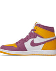 Side of the Nike Air Jordan 1 Retro High Brotherhood basketball shoes in gold, purple and white