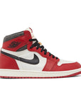Side of the Air Jordan 1 Retro High OG 'Lost & Found' is in a black, red and white colourway