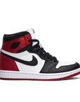 Side of the women's Nike Air Jordan 1 Retro High Satin-Black basketball shoes in black, red and white