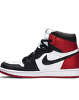 Side of the women's Nike Air Jordan 1 Retro High Satin-Black basketball shoes in black, red and white